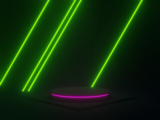 Fototapeta 3D black geometric podium with green and pink neon lights. obraz