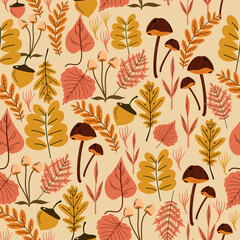 Vector autumn seamless pattern with leaves, acorns, acorns on a green background. Seasonal ornament. Endless texture can be used for web design, printing onto fabric and paper or scrapbooking.