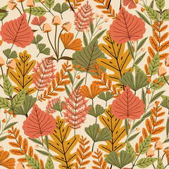 Vector autumn seamless pattern with leaves, acorns, acorns on a green background. Seasonal ornament. Endless texture can be used for web design, printing onto fabric and paper or scrapbooking.
