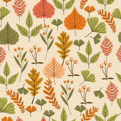 Vector autumn seamless pattern with leaves, acorns, acorns on a green background. Seasonal ornament. Endless texture can be used for web design, printing onto fabric and paper or scrapbooking.