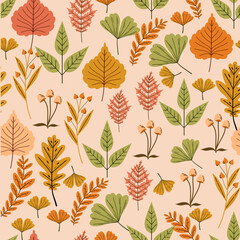 Fototapeta premium Vector autumn seamless pattern with leaves, acorns, acorns on a green background. Seasonal ornament. Endless texture can be used for web design, printing onto fabric and paper or scrapbooking.