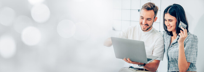 Businesspeople holding credit card and using laptop. online shopping concept, Banner cover design.