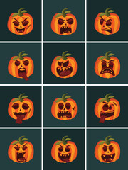 Set of Happy Halloween holiday main symbols Cute orange pumpkin characters, Vector illustration of pumpkin design on dark blue background.