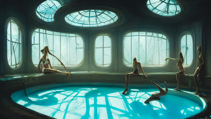 Artistic concept painting of a modern swimming pool interior, background illustration.