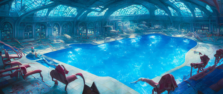 Artistic concept painting of a modern swimming pool interior, background illustration.