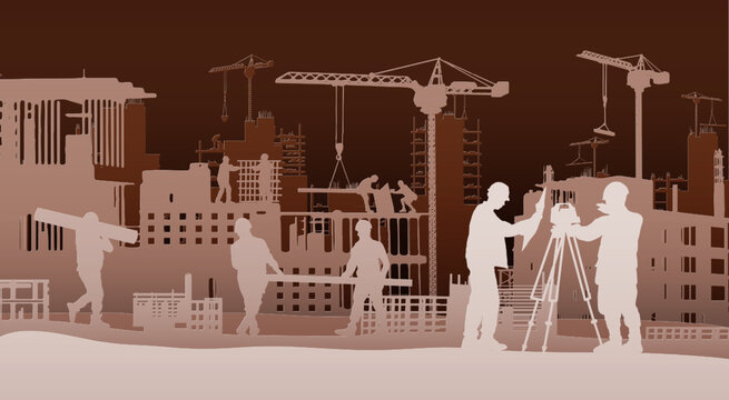 Building construction site with a tower crane and engineer and workers.Vector paper cut style.