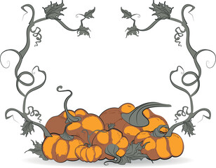 Cornucopia full of different vegetables pumpkin, cucumber, eggplant, tomato, cabbage, bell pepper, mushrooms and ears of wheat or rye. Autumn harvest. Thanksgiving Day.