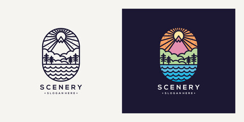Monoline and colorful scenery fores mountain logo badge