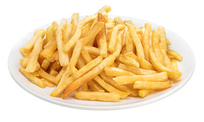 French fries in white plate isolated on white background, French fries on white plate PNG file. - obrazy, fototapety, plakaty