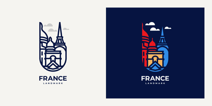 Monoline and colorful france landmark logo badge