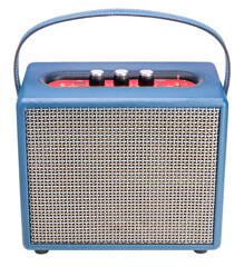 Blue Vintage style wireless speaker isolated on white background, Electric guitar amplifier speaker...