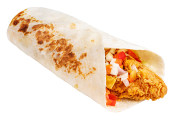 Breakfast Wrap isolated on white background, Breakfast burritos with chicken and tomato in a tortilla wrap on white background PNG file.