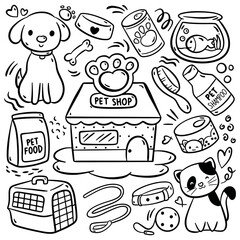 Hand Drawn Cartoon Pet Shop Doodle Vector Illustration