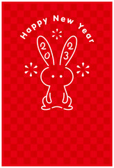 2023年年賀状テンプレート　卯年　正面を向いたうさぎの線画イラスト　赤