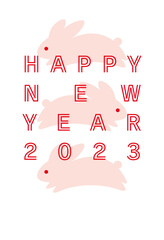 2023年年賀状テンプレート　卯年　横向きのピンクのうさぎと文字のグラフィックデザイン