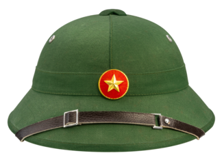 Military classic green helmet with golden star isolated on white background PNG file.