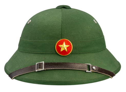Military classic green helmet with golden star isolated on white background PNG file.