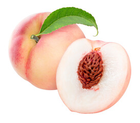 Pink Peach fruit with leaf isolated on white background, Fresh White Peach on White Background PNG...