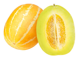 Orange Melon isolated on white background, Oriental melon, Yellow Korean Melon on white PNG file.