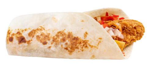 Breakfast Wrap isolated on white background, Breakfast burritos with chicken and tomato in a tortilla wrap on white background With clipping path.