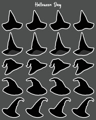 Set of Halloween witch black hat isolated sticker on white.