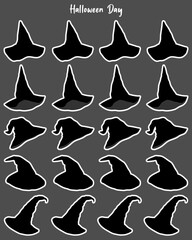 Set of Halloween witch black hat isolated sticker on white.