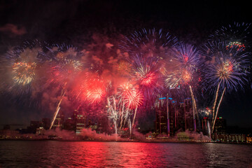 White Fireworks going off during the Detroit Ford Fireworks as seen from the riverwalk in Windsor,...