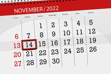 Calendar 2022, deadline, day, month, page, organizer, date, november, monday, number 14