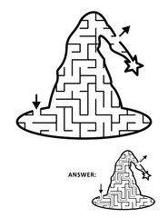 Halloween maze or labyrinth, witch hat shaped. Answer included.

