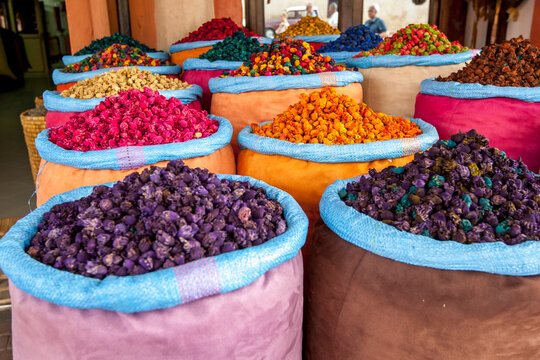 A colourful display of sacks containing various dried fruit for sale in the Marrakesh medina, Morocco. Marrakesh, founded in 1062 by Abu Bakr ibn Umar, is one of Morocco's four former imperial cities.
