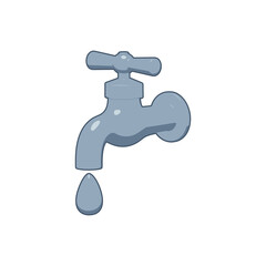 Color illustration of a faucet, a drop of water on a white background. Vector graphics. Design element for poster, icon, sticker, banner, print, badge, emblem. Plumbing.