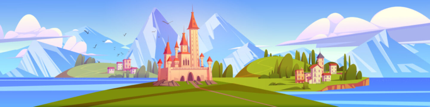 Ancient fairy tale castle on island surrounded by sea water. Cartoon vector illustration of summer landscape with old town houses on green hills, royal palace against mountain background, birds in sky
