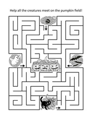 Halloween maze game for kids: Help the spider, the ghost, the bats and the cats meet on the pumpkin field to celebrate the Halloween.
