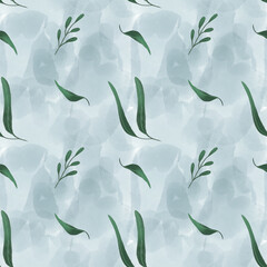 Delicate pattern with wild green leaves, herbs and branches on a watercolor blue background. Watercolor nature illustration for fabrics, textiles, wallpapers.