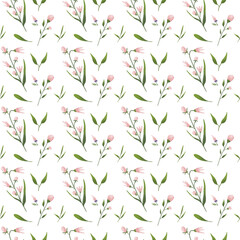 Pink wildflowers pattern on white background. Natural summer background plants for design. Branches and buds for fabrics, textiles, wallpapers.