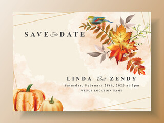 wedding invitation card template with hand drawn autumn leaves