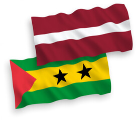 National vector fabric wave flags of Latvia and Saint Thomas and Prince isolated on white background. 1 to 2 proportion.