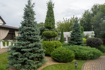 The house stands a steady state of elegant trees and shrubs. Landscaping, beautiful green...