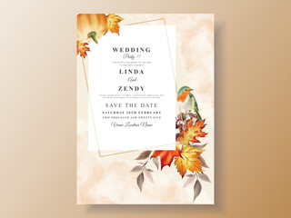 wedding invitation card template with hand drawn autumn leaves