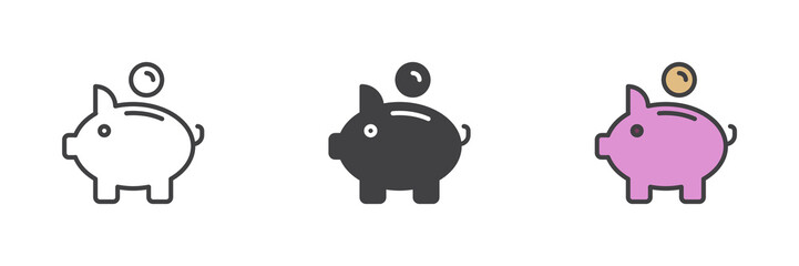 Piggy bank and coin different style icon set