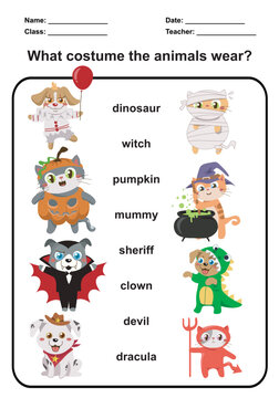 What costume the animals wear worksheet. Match texts and pictures with cute Halloween. Educational worksheet for preschool. Vector illustration.