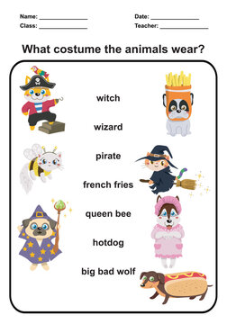 What costume the animals wear worksheet. Match texts and pictures with cute Halloween. Educational worksheet for preschool. Vector illustration.