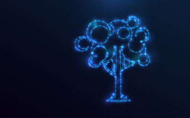 Starry tree with small moons on deep blue background. Abstract tree with moons, neon blue contour line. Vector drawing with stars and sparkles. Concept of nature, fantasy, technology.