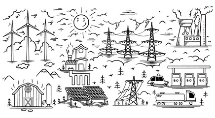 Hand drawn ecology doodle icon set of renewable energy isolated on white background. © ngupakarti