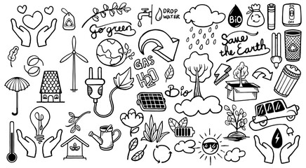 Hand drawn ecology doodle icon set of save earth isolated on white background. - obrazy, fototapety, plakaty
