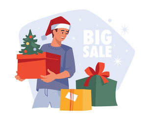 People with gifts. Man with a gift box. Christmas sale. Preparing for Christmas. Vector image.