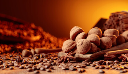 Chocolate truffles with cinnamon, anise, and coffee beans on a wooden table.