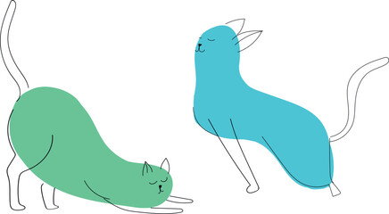 Cat Continuous Line Drawing. Green and blue yoga cats. Spot and line. Vector