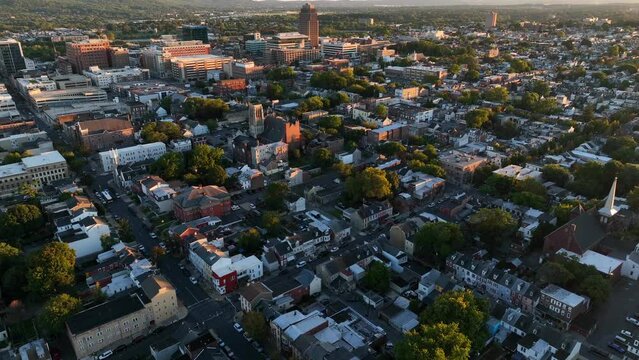 Evening light in Allentown Pennsylvania. Aerial view at sunset. Warm glow and long shadows reveal into sunset.