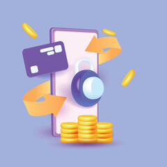 3D cartoon vector protection icon with credit card  password key financial security   payment colorful Online transaction wallet Internet blank